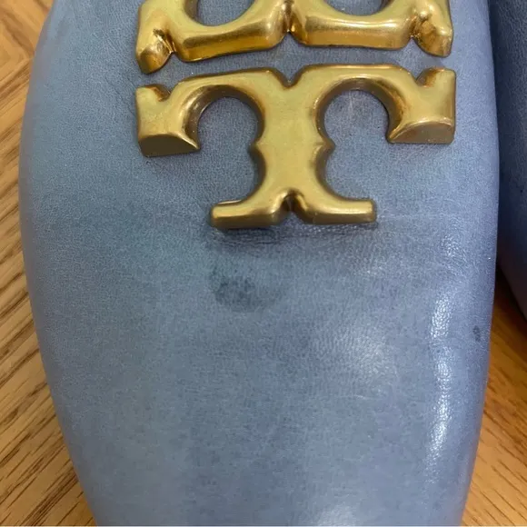 Tory Burch Eleanor Loafer Flats Slip On Leather Pery Winkle Blue Sz 9 Logo