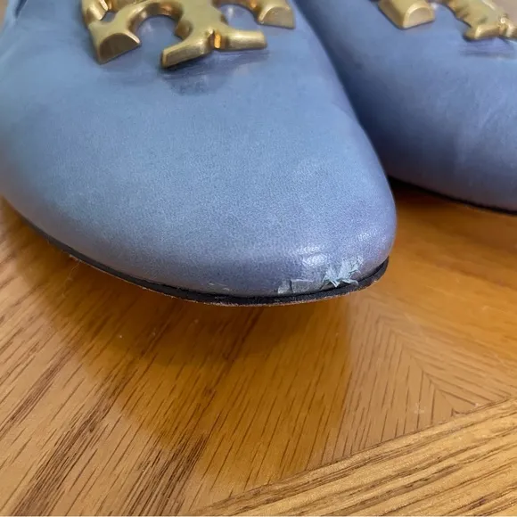 Tory Burch Eleanor Loafer Flats Slip On Leather Pery Winkle Blue Sz 9 Logo