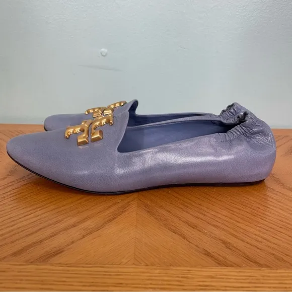 Tory Burch Eleanor Loafer Flats Slip On Leather Pery Winkle Blue Sz 9 Logo