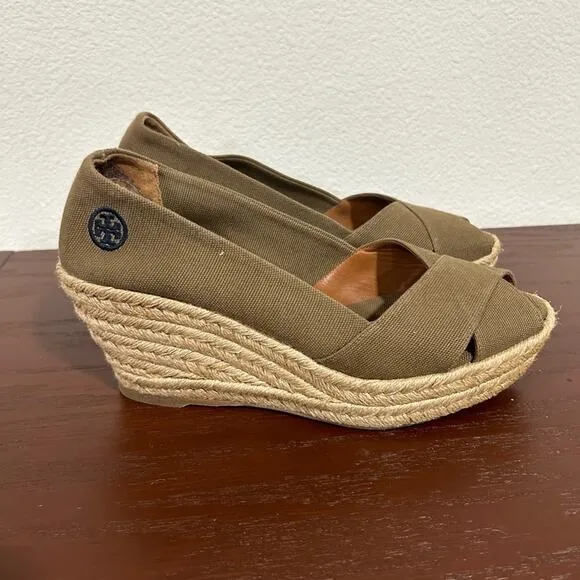 Tory Burch Filipa Peep Toe Wedge Espadrille Tan color Size 9