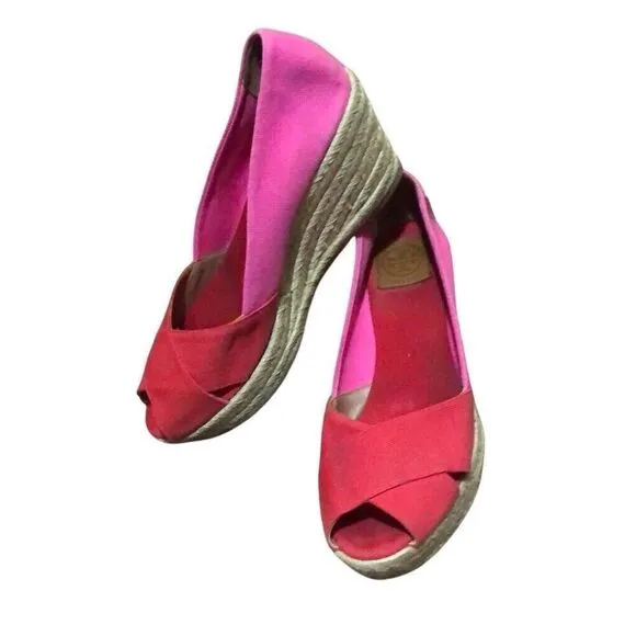 Tory Burch Filipa Colorblock Espadrilles Red Pink Canvas Peep Toe Wedges Size 11