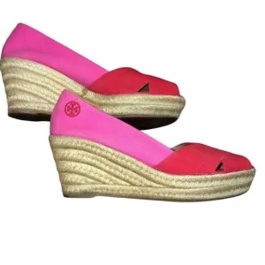 Tory Burch Filipa Colorblock Espadrilles Red Pink Canvas Peep Toe Wedges Size 11