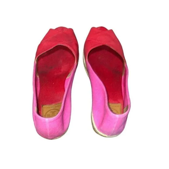 Tory Burch Filipa Colorblock Espadrilles Red Pink Canvas Peep Toe Wedges Size 11