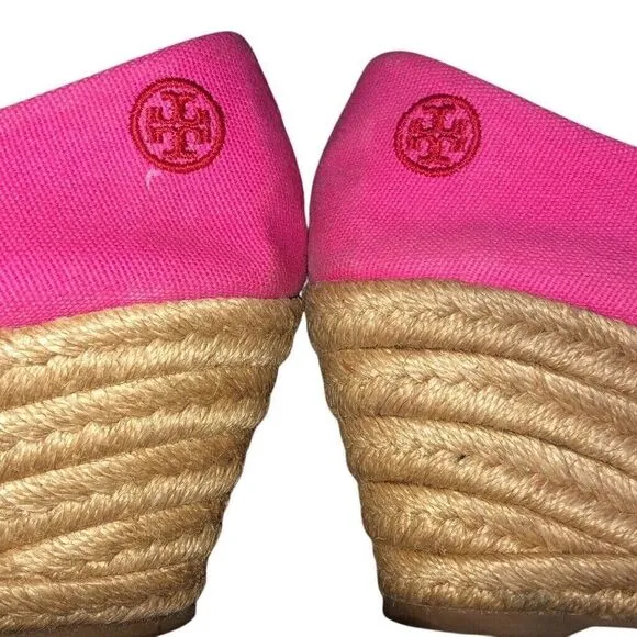Tory Burch Filipa Colorblock Espadrilles Red Pink Canvas Peep Toe Wedges Size 11