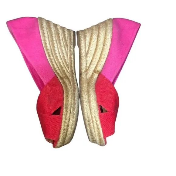 Tory Burch Filipa Colorblock Espadrilles Red Pink Canvas Peep Toe Wedges Size 11