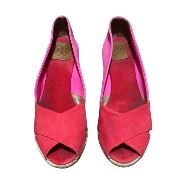 Tory Burch Filipa Colorblock Espadrilles Red Pink Canvas Peep Toe Wedges Size 11