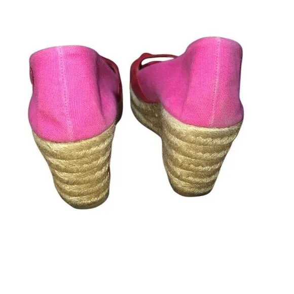 Tory Burch Filipa Colorblock Espadrilles Red Pink Canvas Peep Toe Wedges Size 11