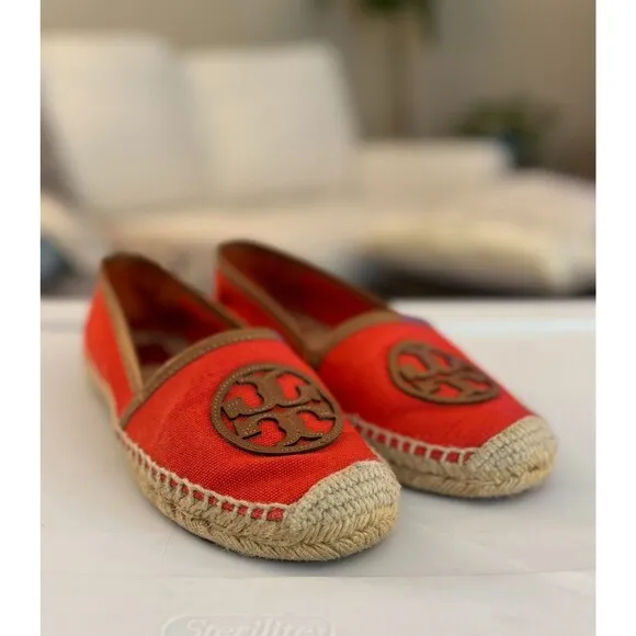 Tory Burch Flat Slip On Shoes Sz. 8M Carmen Sol Flame Red Espadrilles