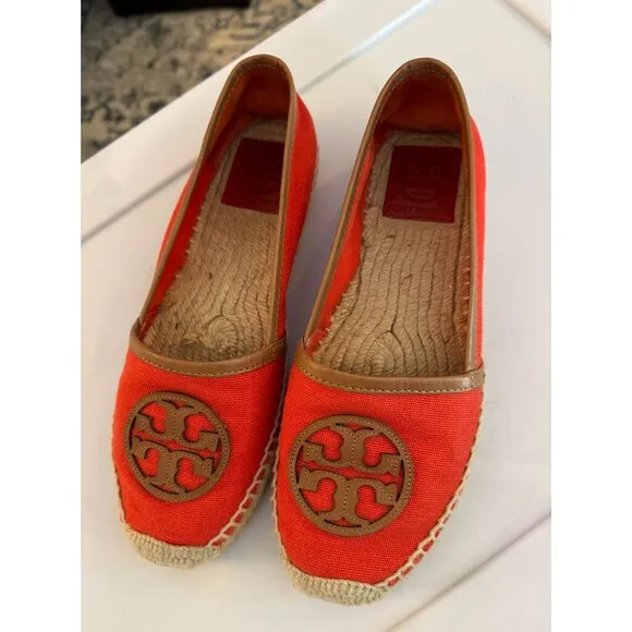 Tory Burch Flat Slip On Shoes Sz. 8M Carmen Sol Flame Red Espadrilles