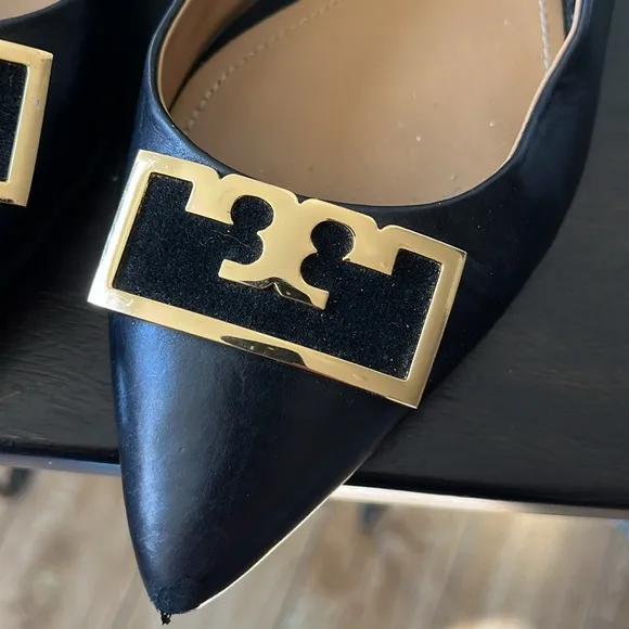 Tory Burch Gigi Pointed Toe Black Leather Flats