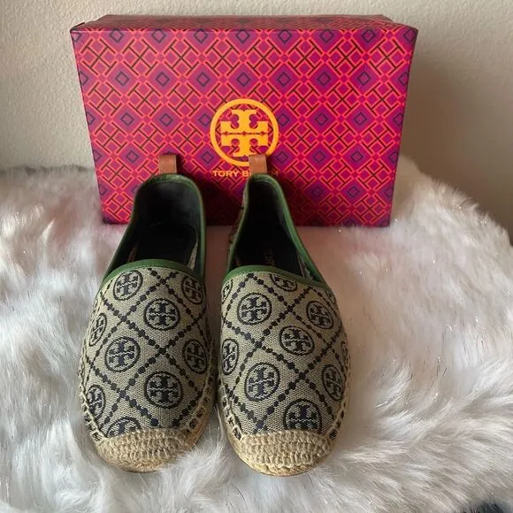 TORY BURCH Green Jacquard 400 Espadrilles Monogram Cap Toe Shoes Slip Ons Sz. 8