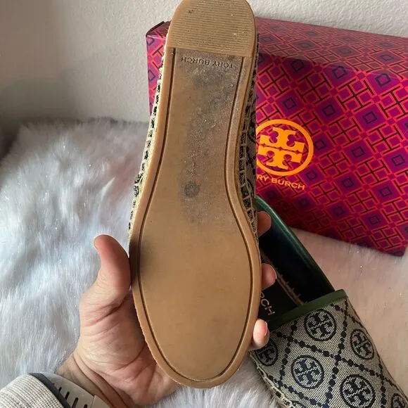 TORY BURCH Green Jacquard 400 Espadrilles Monogram Cap Toe Shoes Slip Ons Sz. 8