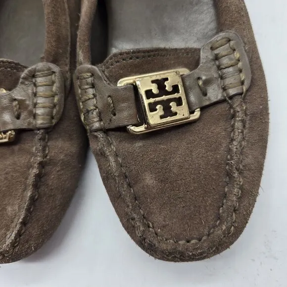 TORY BURCH KENDRICK Drivers Moccasin/Loafer brown Suede leather Gold Logo sz 5.5