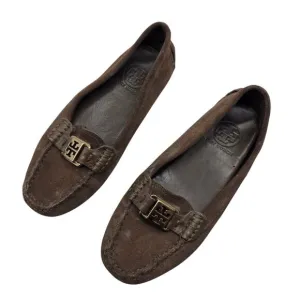 TORY BURCH KENDRICK Drivers Moccasin/Loafer brown Suede leather Gold Logo sz 5.5