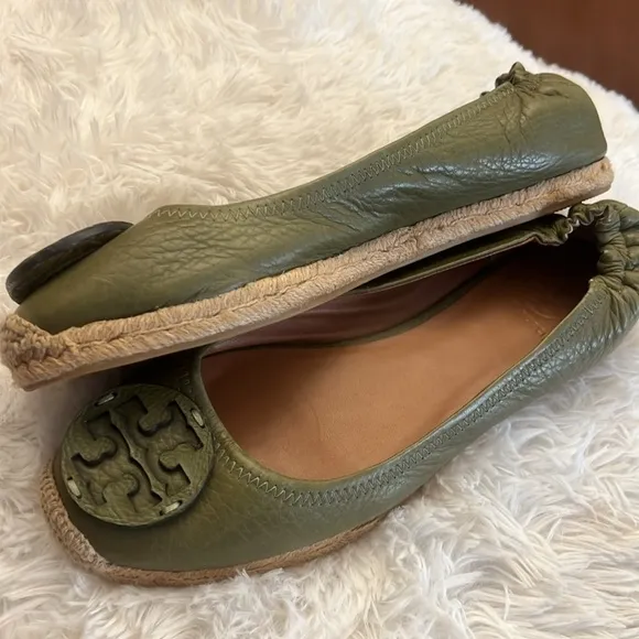 TORY BURCH Leather Miller Espadrilles in Khaki Size 10.5