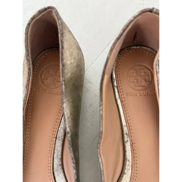 Tory Burch Metallic Pointed-Toe Flats with Embellished Logo