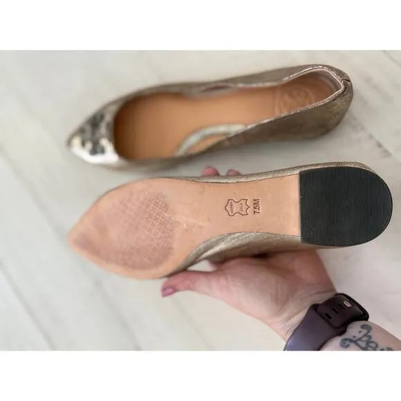 Tory Burch Metallic Pointed-Toe Flats with Embellished Logo