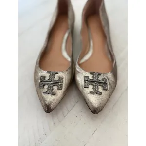 Tory Burch Metallic Pointed-Toe Flats with Embellished Logo