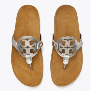 TORY BURCH Miller Cloud Sandals Slides Mirror Metallic Silver Leather Cork 6 NIB