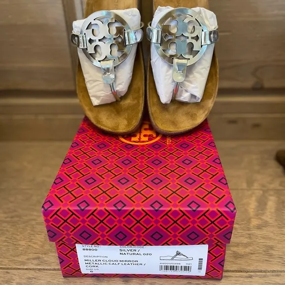 TORY BURCH Miller Cloud Sandals Slides Mirror Metallic Silver Leather Cork 6 NIB