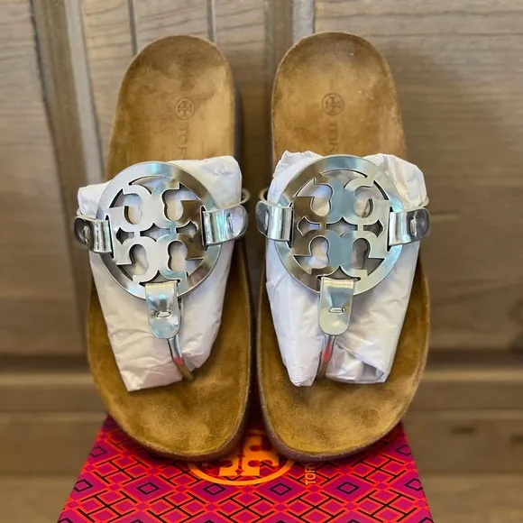 TORY BURCH Miller Cloud Sandals Slides Mirror Metallic Silver Leather Cork 6 NIB