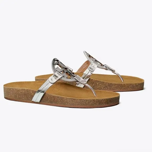 TORY BURCH Miller Cloud Sandals Slides Mirror Metallic Silver Leather Cork 6 NIB
