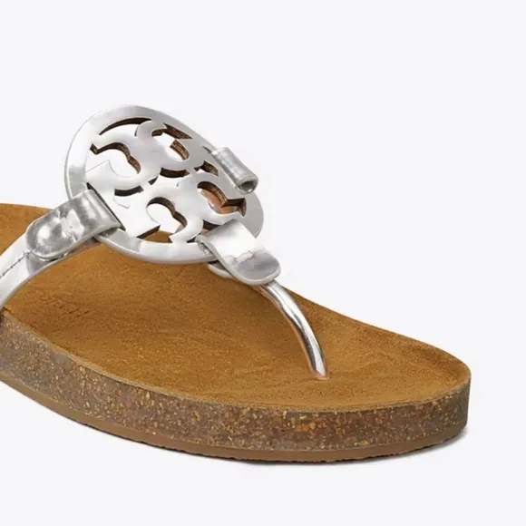 TORY BURCH Miller Cloud Sandals Slides Mirror Metallic Silver Leather Cork 6 NIB