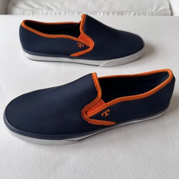 Tory Burch Neoprene Slip On Orange Blue Logo Sneakers