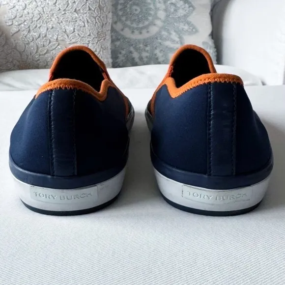 Tory Burch Neoprene Slip On Orange Blue Logo Sneakers