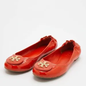 Tory Burch Orange Patent Leather Minnie Scrunch Ballet Flats