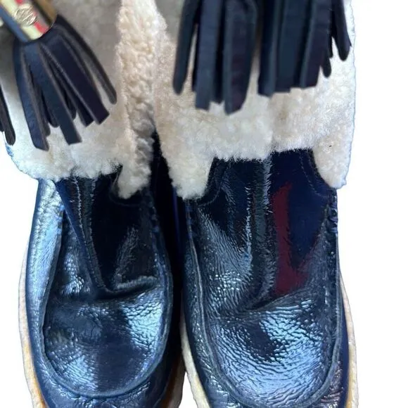 TORY BURCH Patent Leather Lamb Shearling Fur Lined Duck Winter Rain Boots Size 7