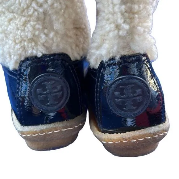 TORY BURCH Patent Leather Lamb Shearling Fur Lined Duck Winter Rain Boots Size 7