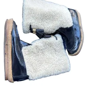 TORY BURCH Patent Leather Lamb Shearling Fur Lined Duck Winter Rain Boots Size 7
