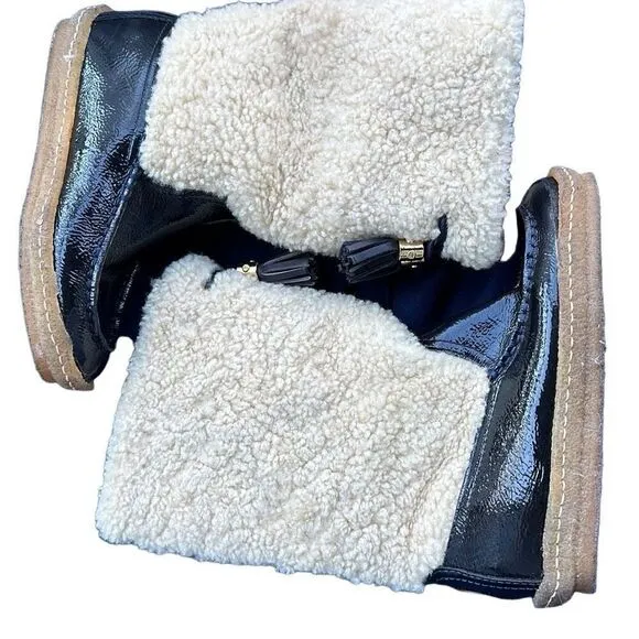 TORY BURCH Patent Leather Lamb Shearling Fur Lined Duck Winter Rain Boots Size 7