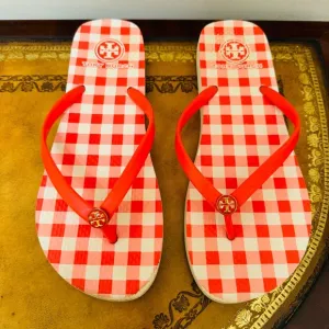 Tory Burch Red Gingham Plaid Slides Flip Flops Thongs Sandals Size 8.5