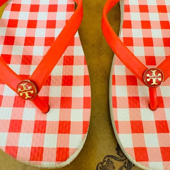 Tory Burch Red Gingham Plaid Slides Flip Flops Thongs Sandals Size 8.5