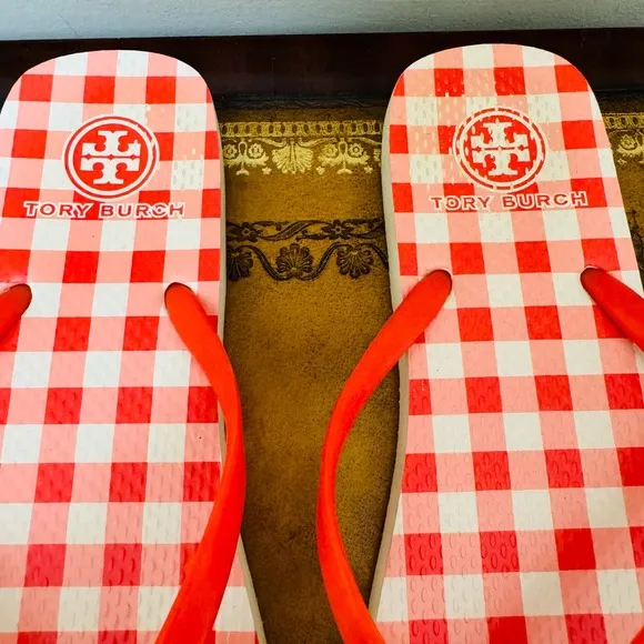 Tory Burch Red Gingham Plaid Slides Flip Flops Thongs Sandals Size 8.5