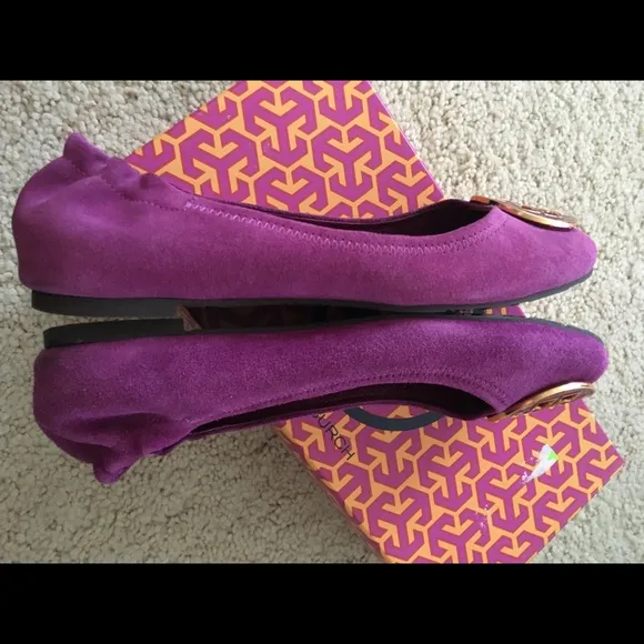 Tory Burch Reva leather suede enamel gold logo Ballet Flats passion purple- 7