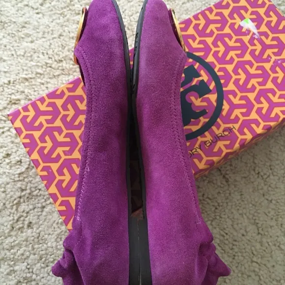 Tory Burch Reva leather suede enamel gold logo Ballet Flats passion purple- 7