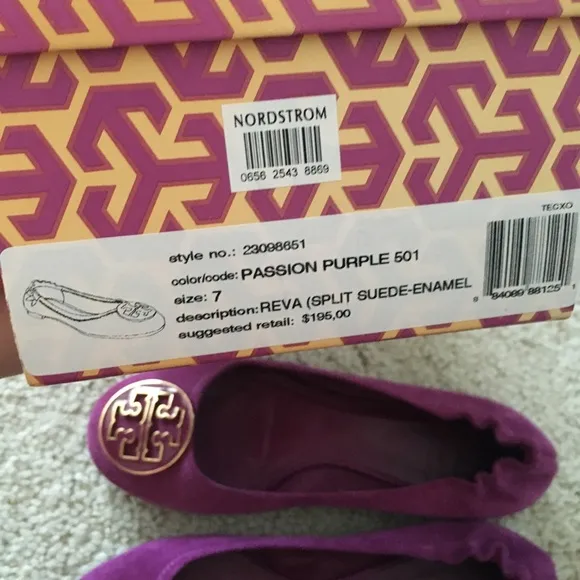 Tory Burch Reva leather suede enamel gold logo Ballet Flats passion purple- 7