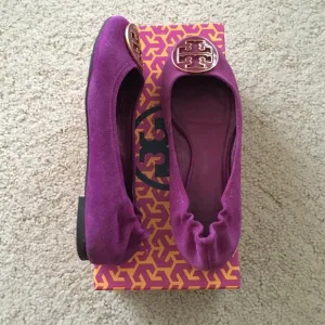 Tory Burch Reva leather suede enamel gold logo Ballet Flats passion purple- 7