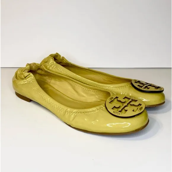 Tory Burch Reva Neon Yellow Patent Leather Flats Size 6