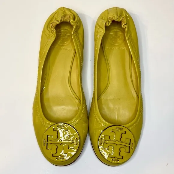 Tory Burch Reva Neon Yellow Patent Leather Flats Size 6