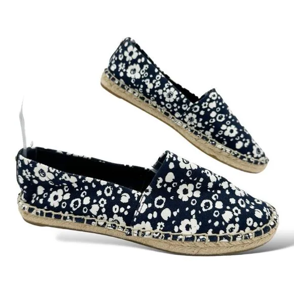 Tory Burch Risa Navy Blue Floral Print Slip-On Flat Espadrilles Sz 6M