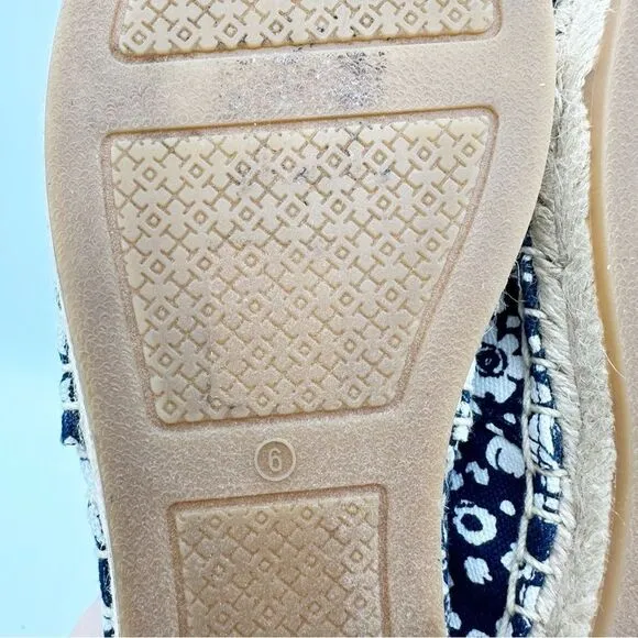 Tory Burch Risa Navy Blue Floral Print Slip-On Flat Espadrilles Sz 6M