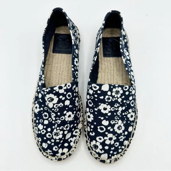 Tory Burch Risa Navy Blue Floral Print Slip-On Flat Espadrilles Sz 6M