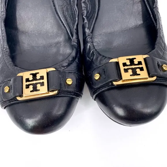 Tory Burch Royal Ambrose Ballet Flats Black Leather Gold Logo 8.5