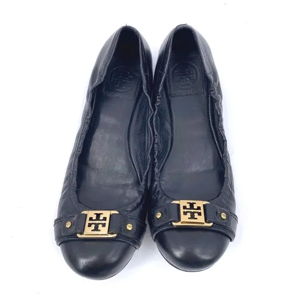 Tory Burch Royal Ambrose Ballet Flats Black Leather Gold Logo 8.5