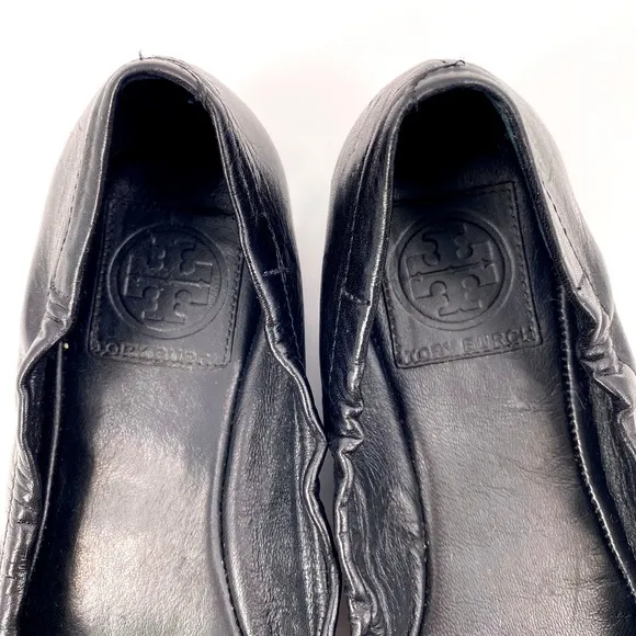 Tory Burch Royal Ambrose Ballet Flats Black Leather Gold Logo 8.5