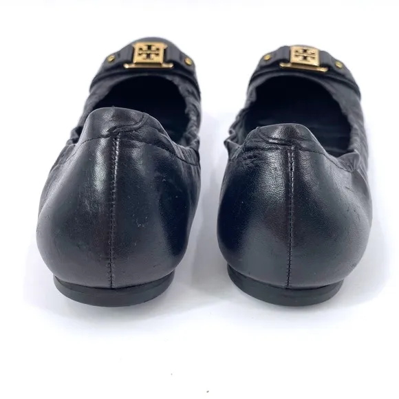 Tory Burch Royal Ambrose Ballet Flats Black Leather Gold Logo 8.5